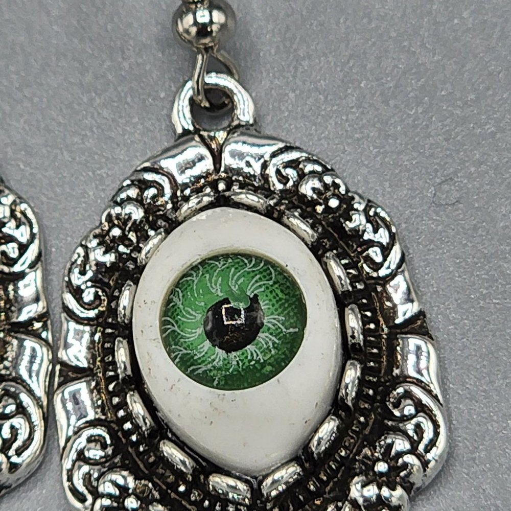Decorative framed green evil Eye Dangle Earrings with silver tone Outer Decor - Picture 4 of 4